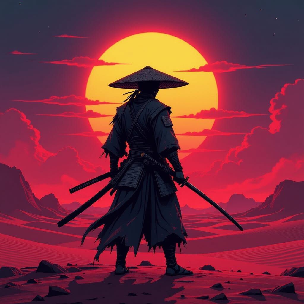 Samurai on Alien Planet Under Binary Sunset