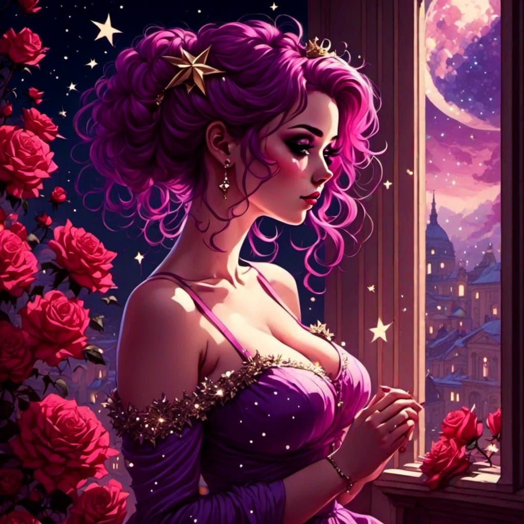 Ethereal Woman Gazing at Stars in Anime Style