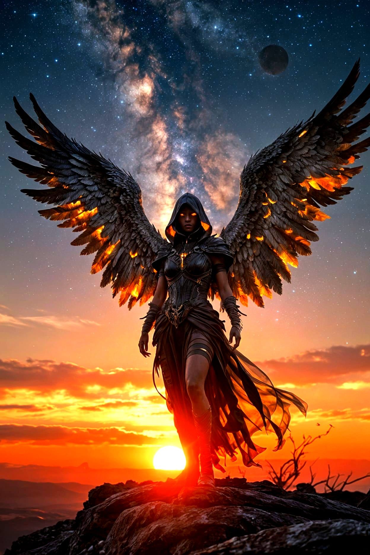 Fallen Angel at Sovereign Sunset in Cosmic Realism Style
