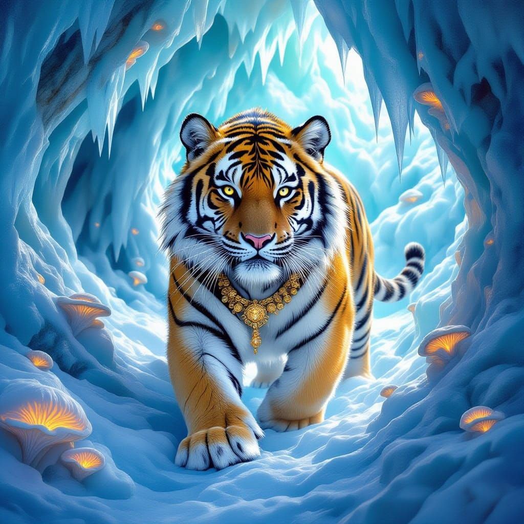 Golden Tiger in Ethereal Ice Cave