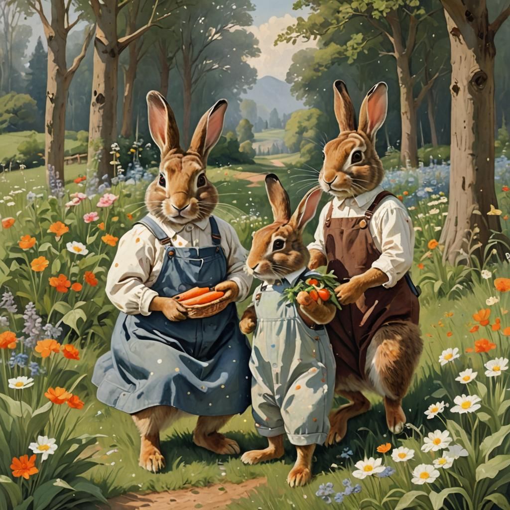 Rabbits in Meadow as Classic Painting