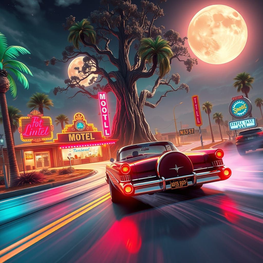 Vintage Hot Rod Lincoln Speeds Down Moonlit Highway Amidst N...