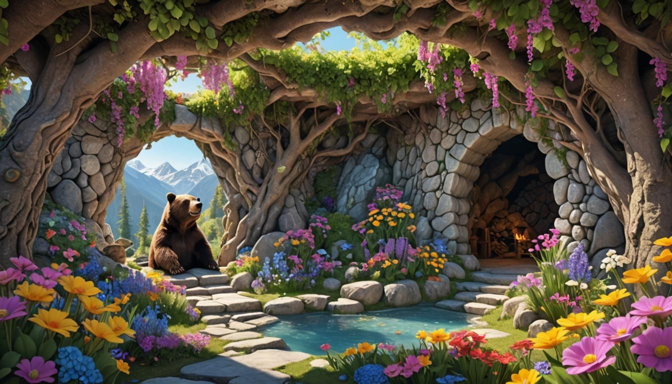 Bear Awakens to Spring in Colorful Grotto