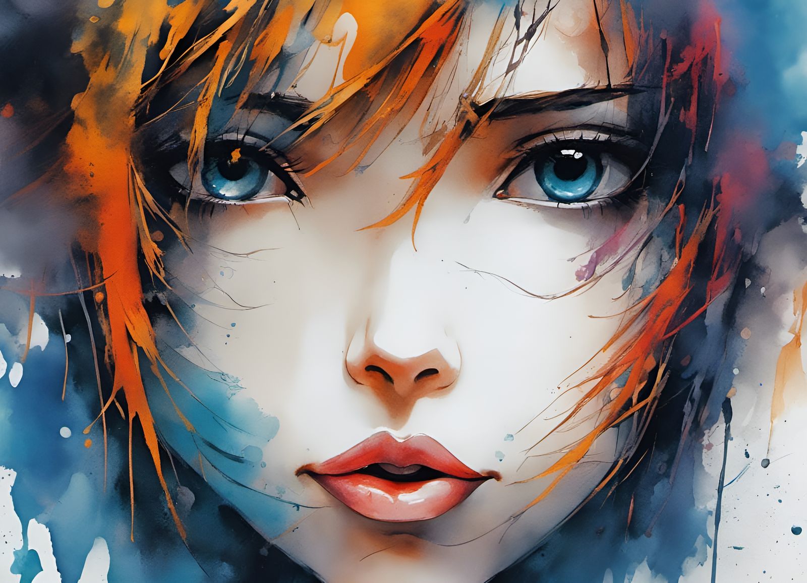 Anime Girl Close-Up in Ink Painting Style