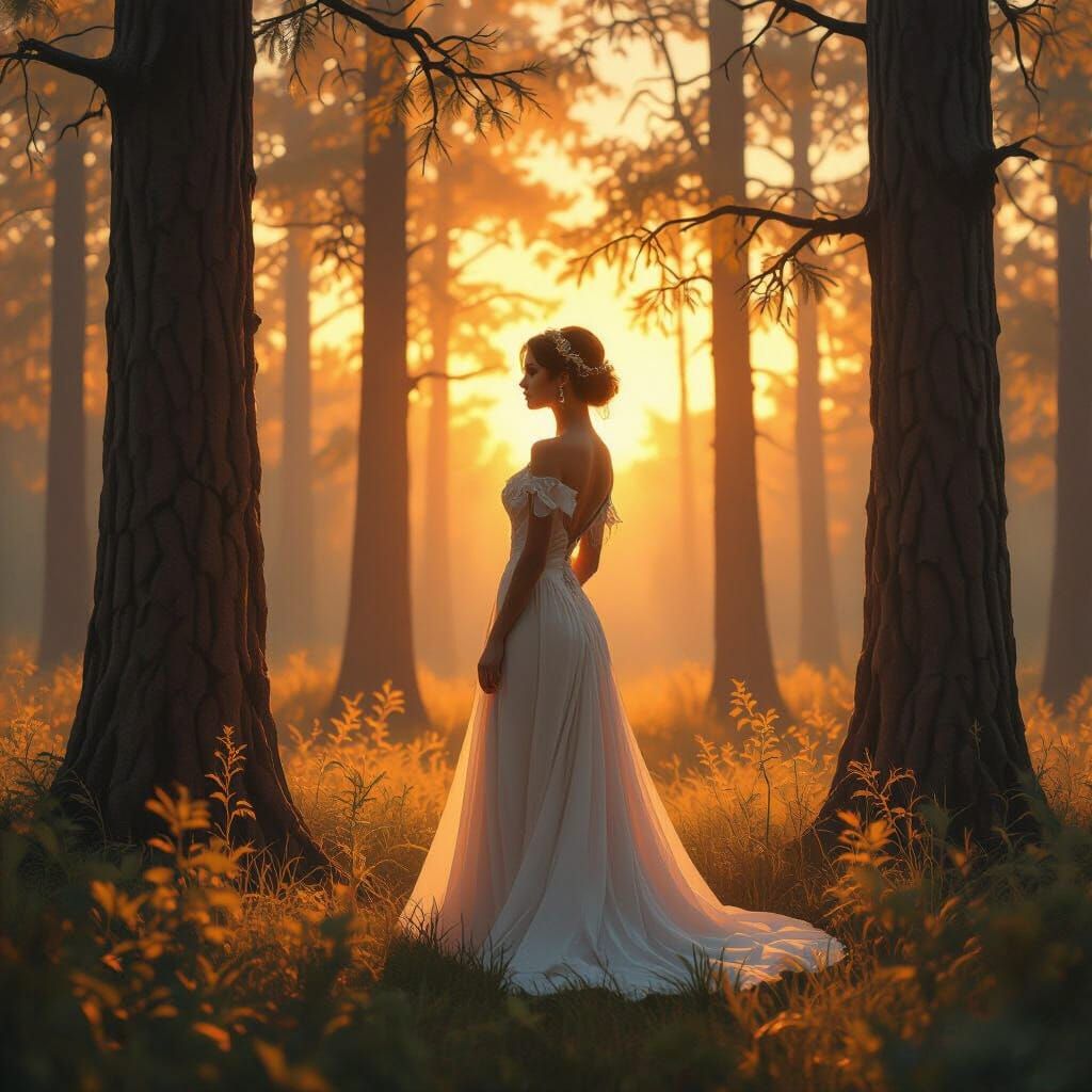Woman in Forest at Sunset: Whimsical Dreamscape