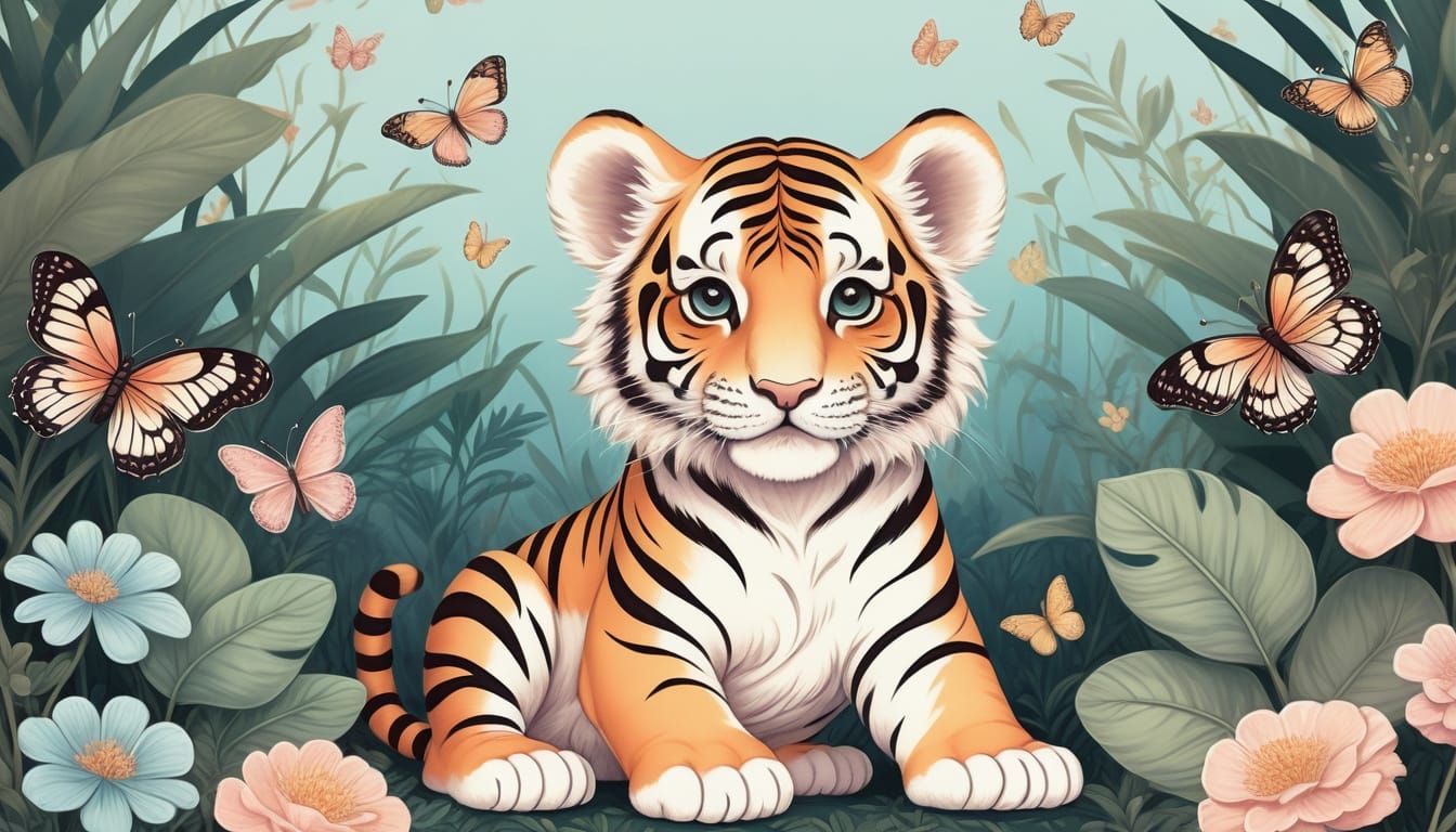 Tiger cub with butterflies in the jungle