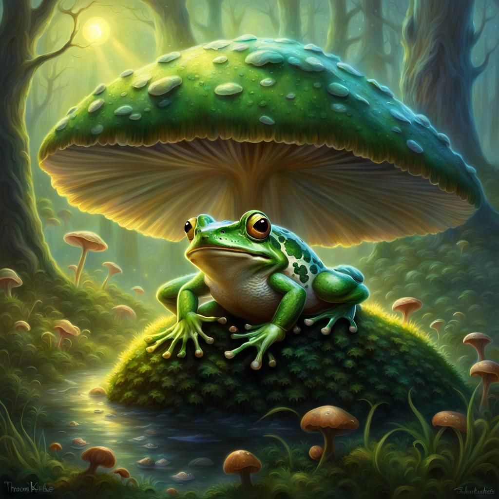 Frog Under Glowing Mushroom in Ethereal Fantasy Style