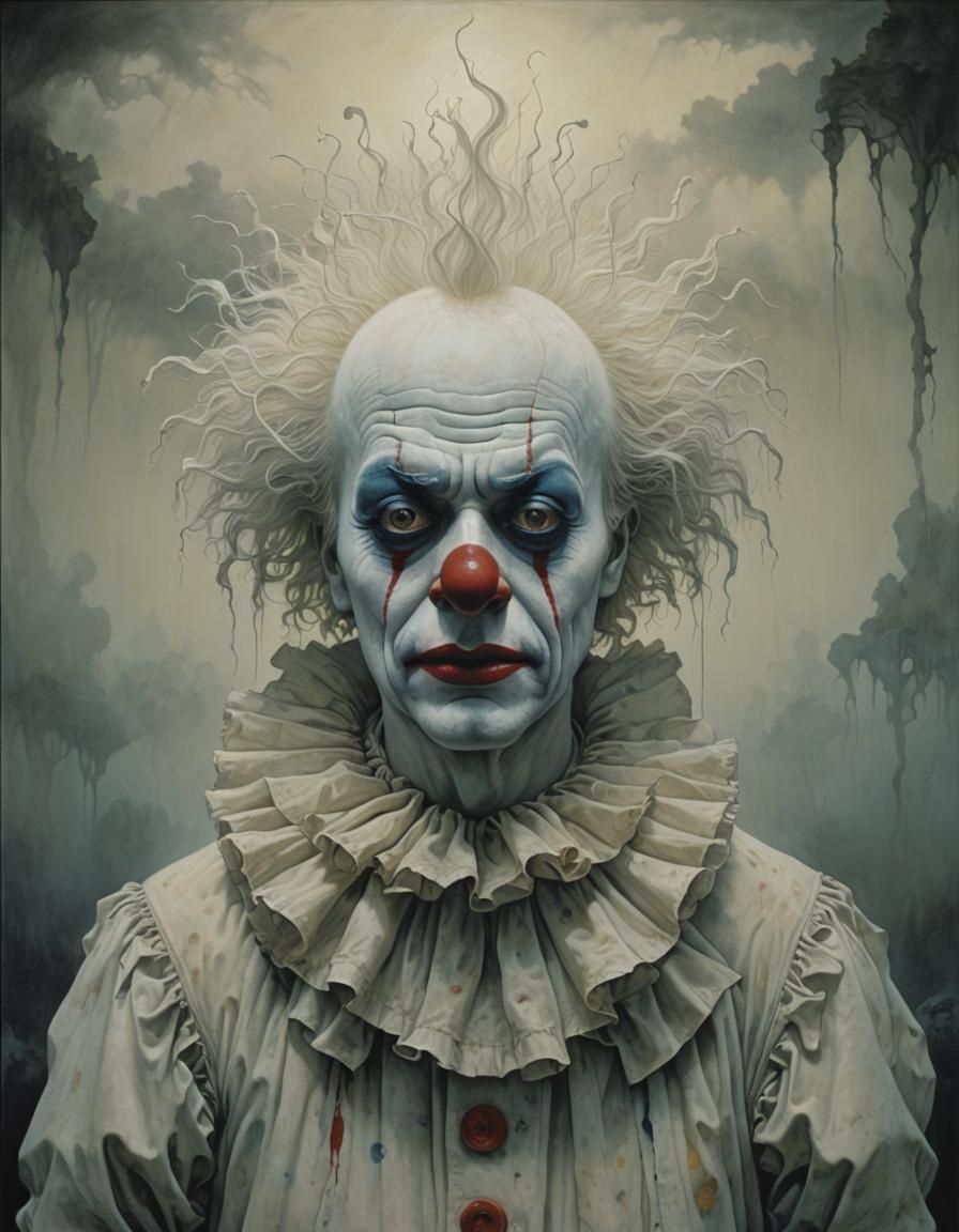 Crying White Clown in Gothic Horror Style