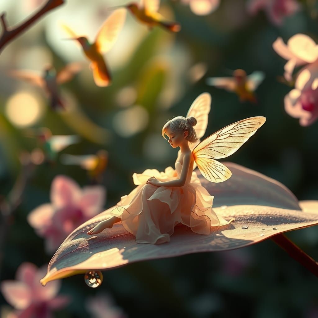 Fairy on Orchid Leaf with Hummingbirds, Hyper-Realistic Deta...
