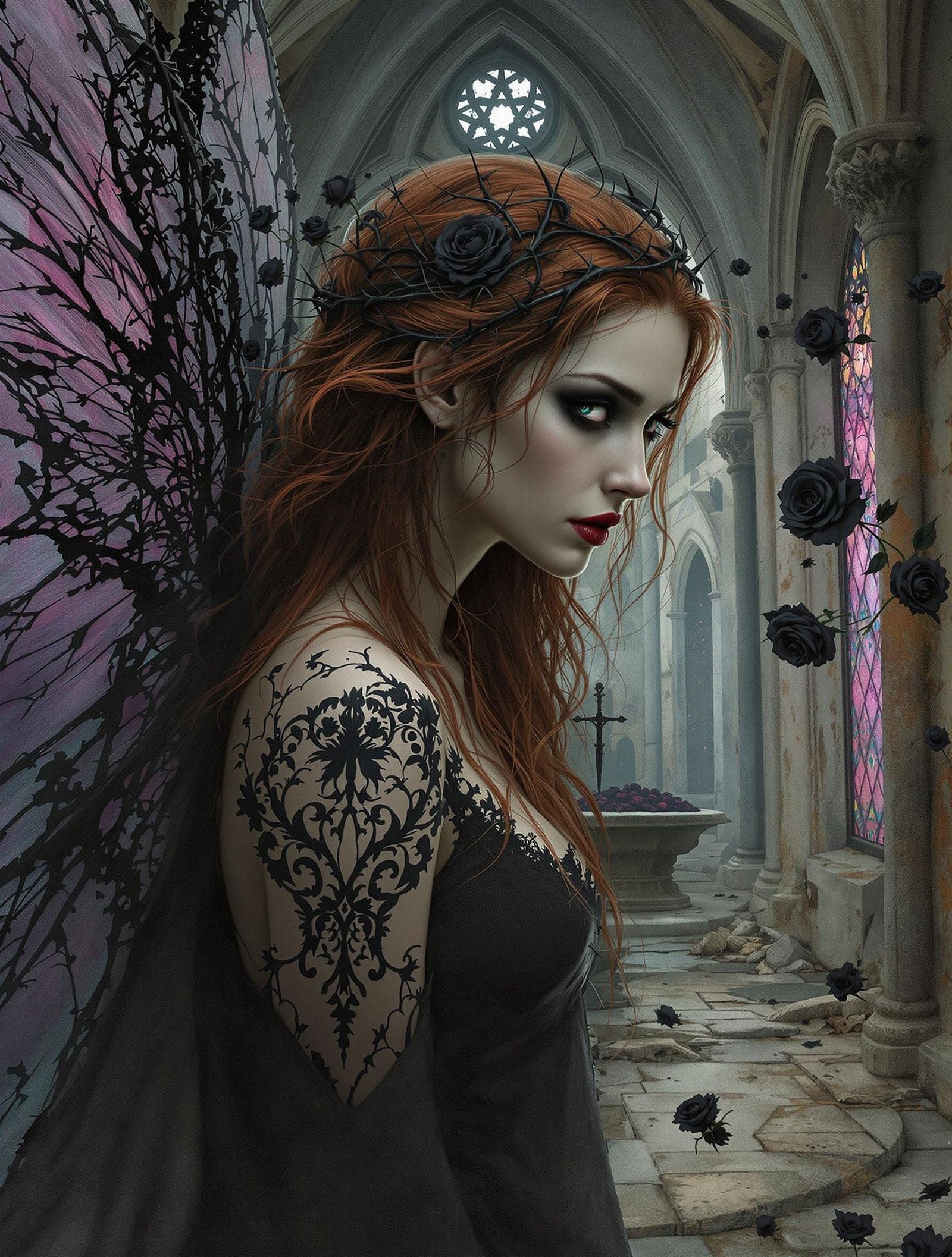 Ethereal Pre-Raphaelite Fairy in Decaying Frescoes and Lace