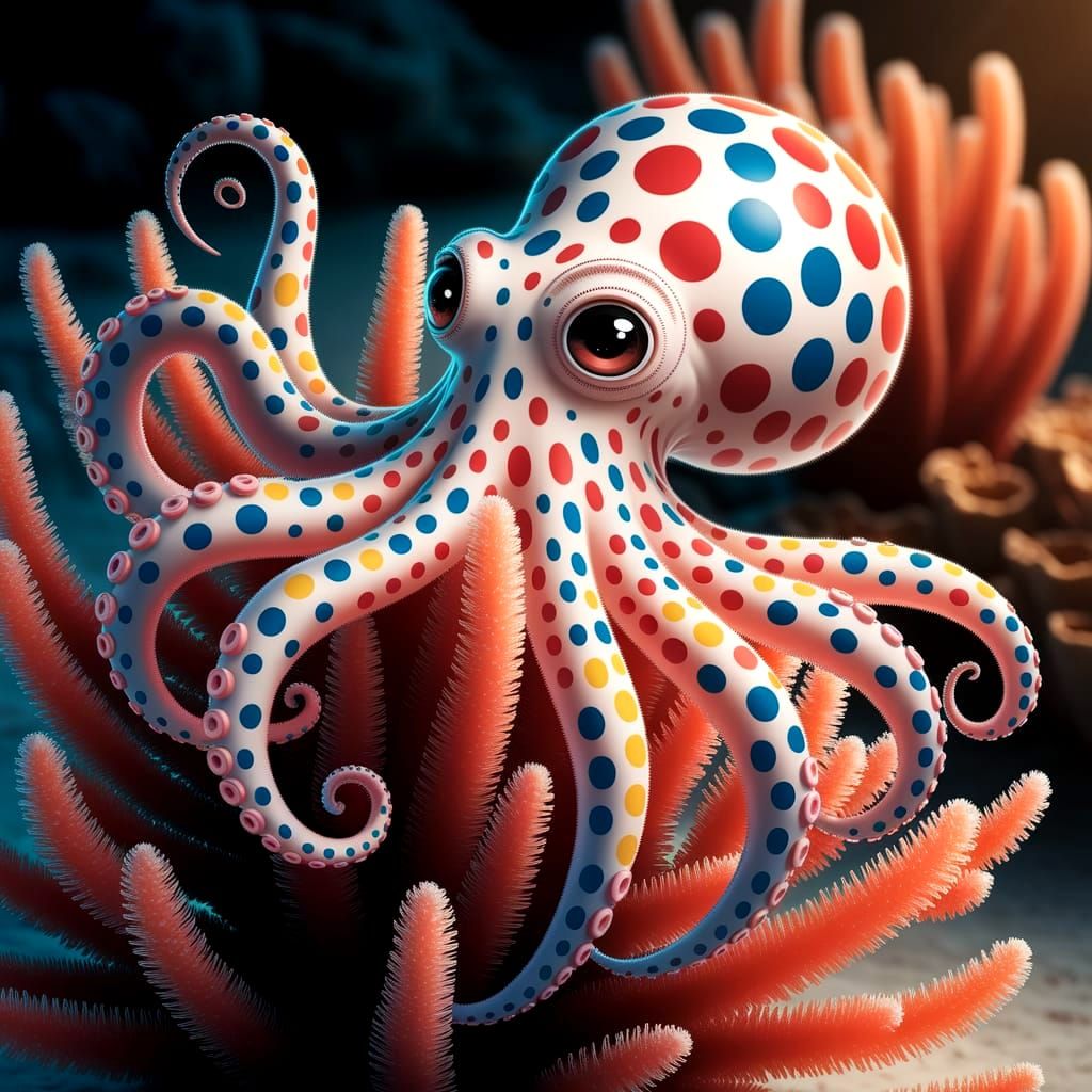 Polka-Dotted Octopus Crawls Over Vibrant Coral