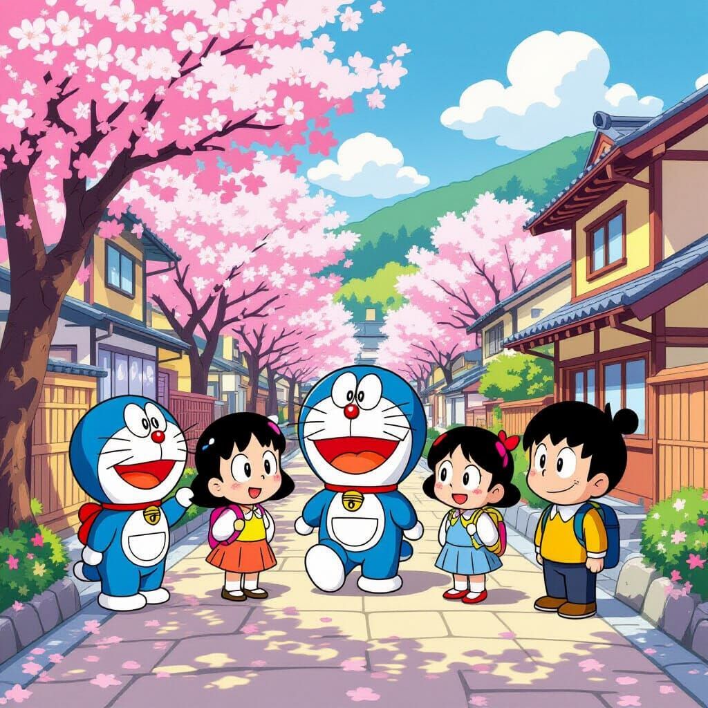 Doraemon and Friends in Japanese Suburb, Whimsical Style