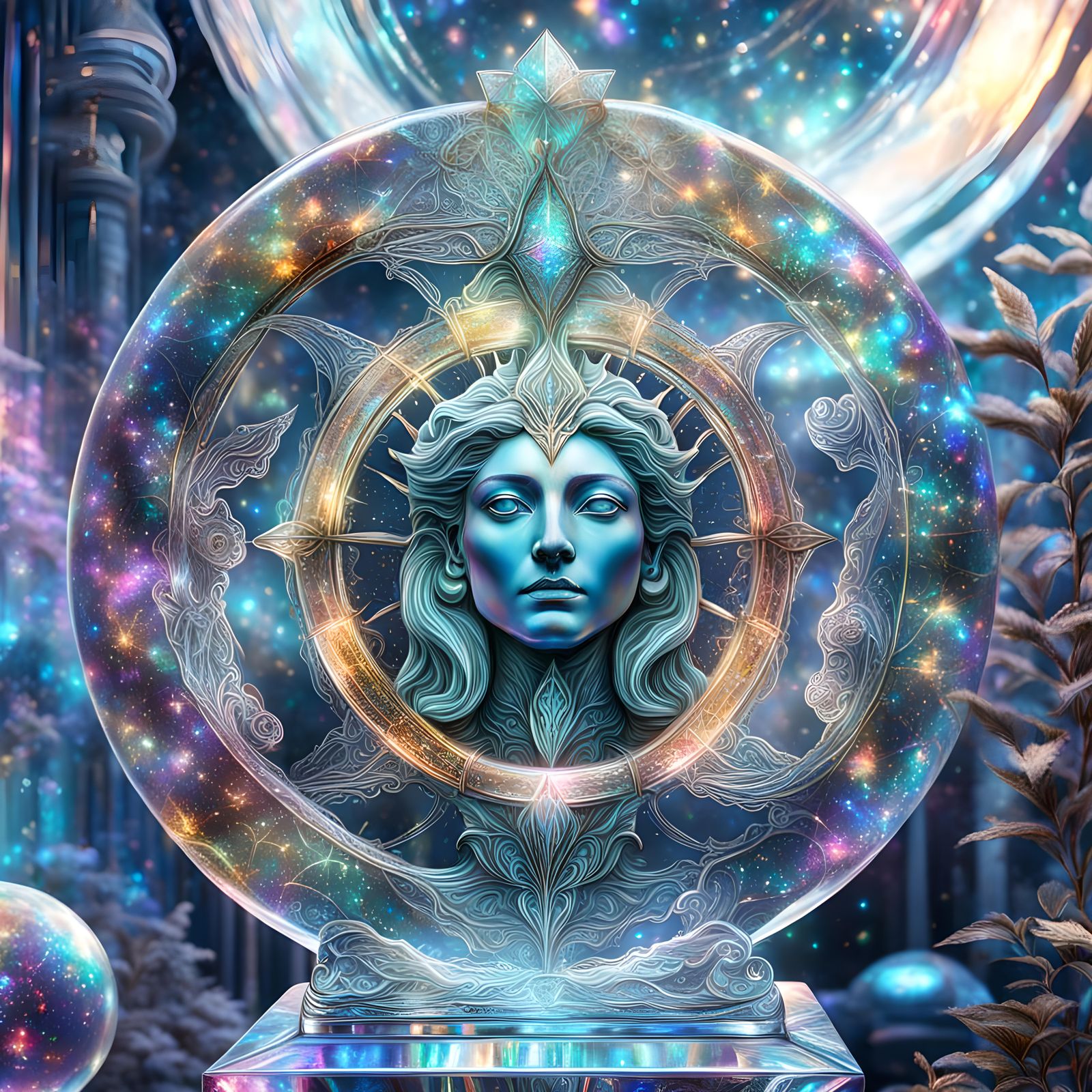 Holographic Glass Statue in Cosmic Astral Style