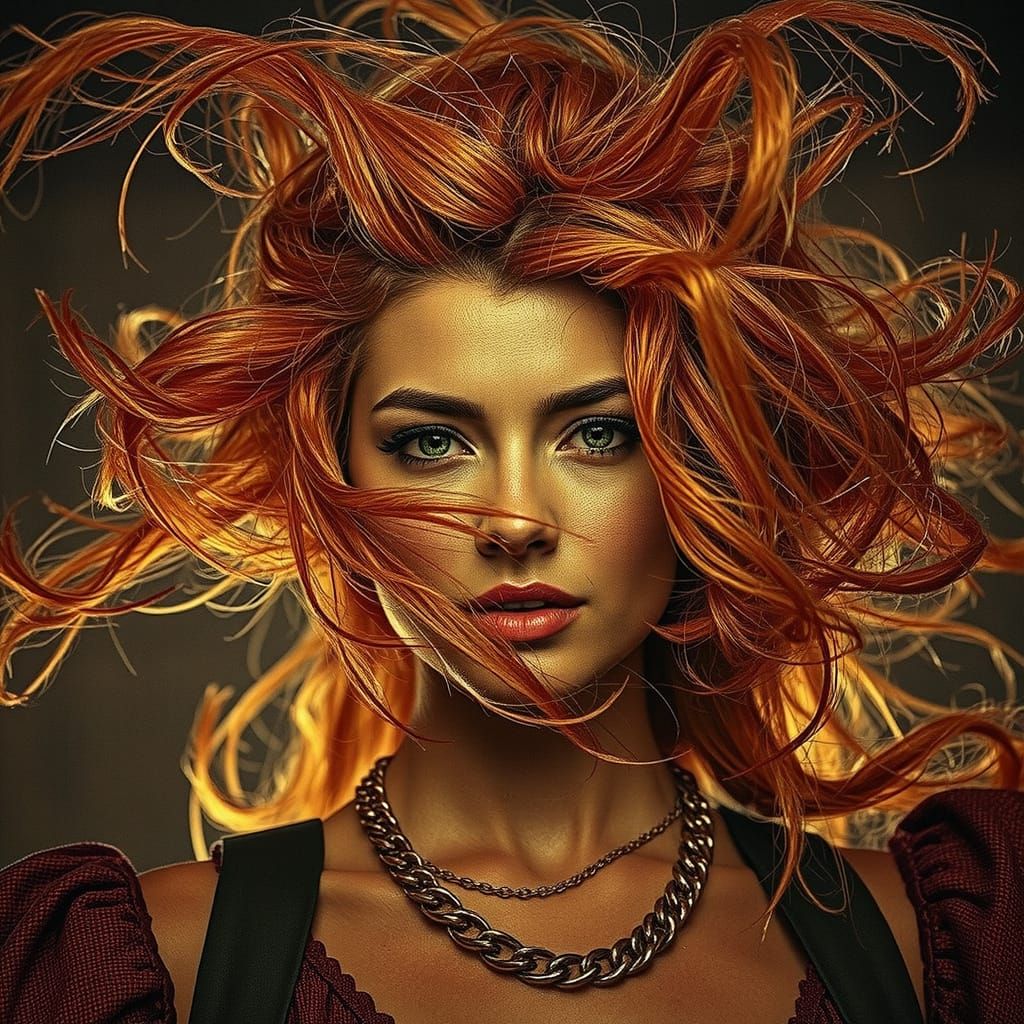 Rugged Glamour Woman with Windswept Hair and Dramatic Lighti...