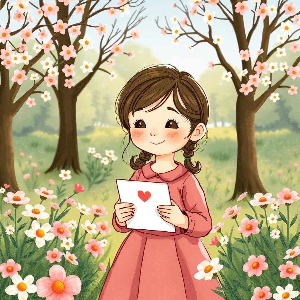 Girl with Letter in Whimsical Garden Scene