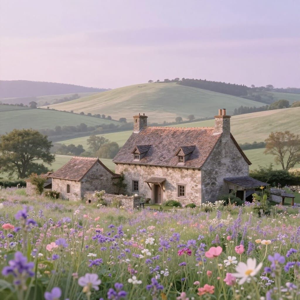 Peaceful Medieval Farmhouse Landscape in Pastel Hues
