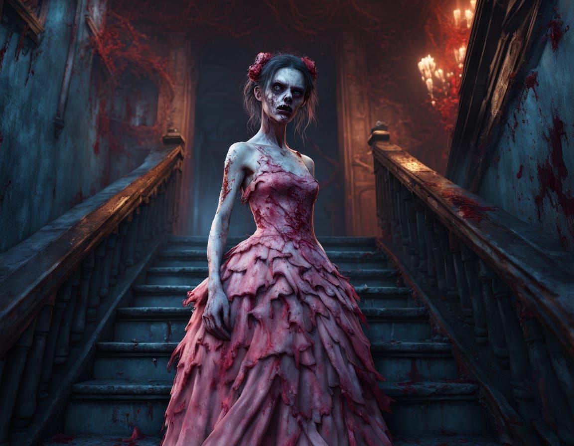 Zombie in Prom Dress on Bleeding Staircase