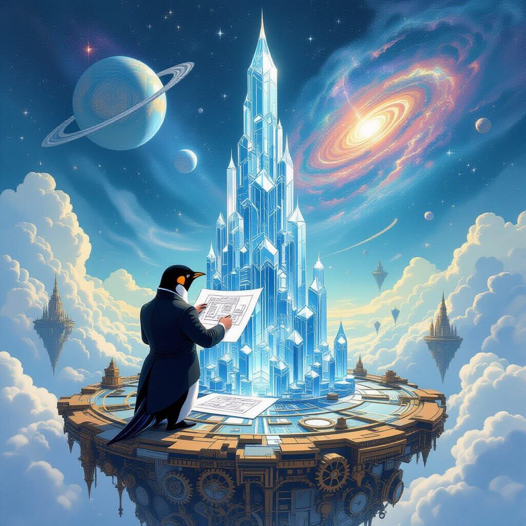 Penguin Architect Designs Crystalline Tower in Cosmic Dreams...