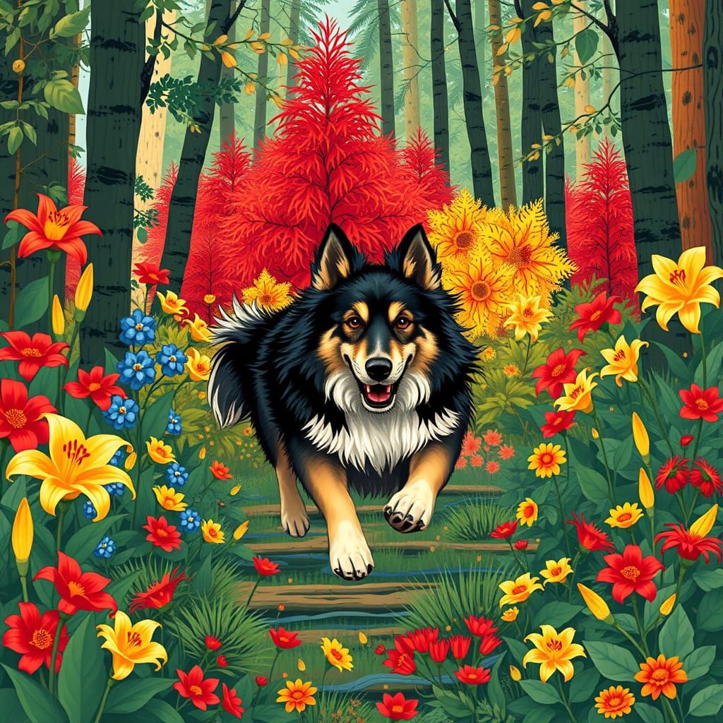 Norwegian Forest Dog in Vibrant Geometric Forest