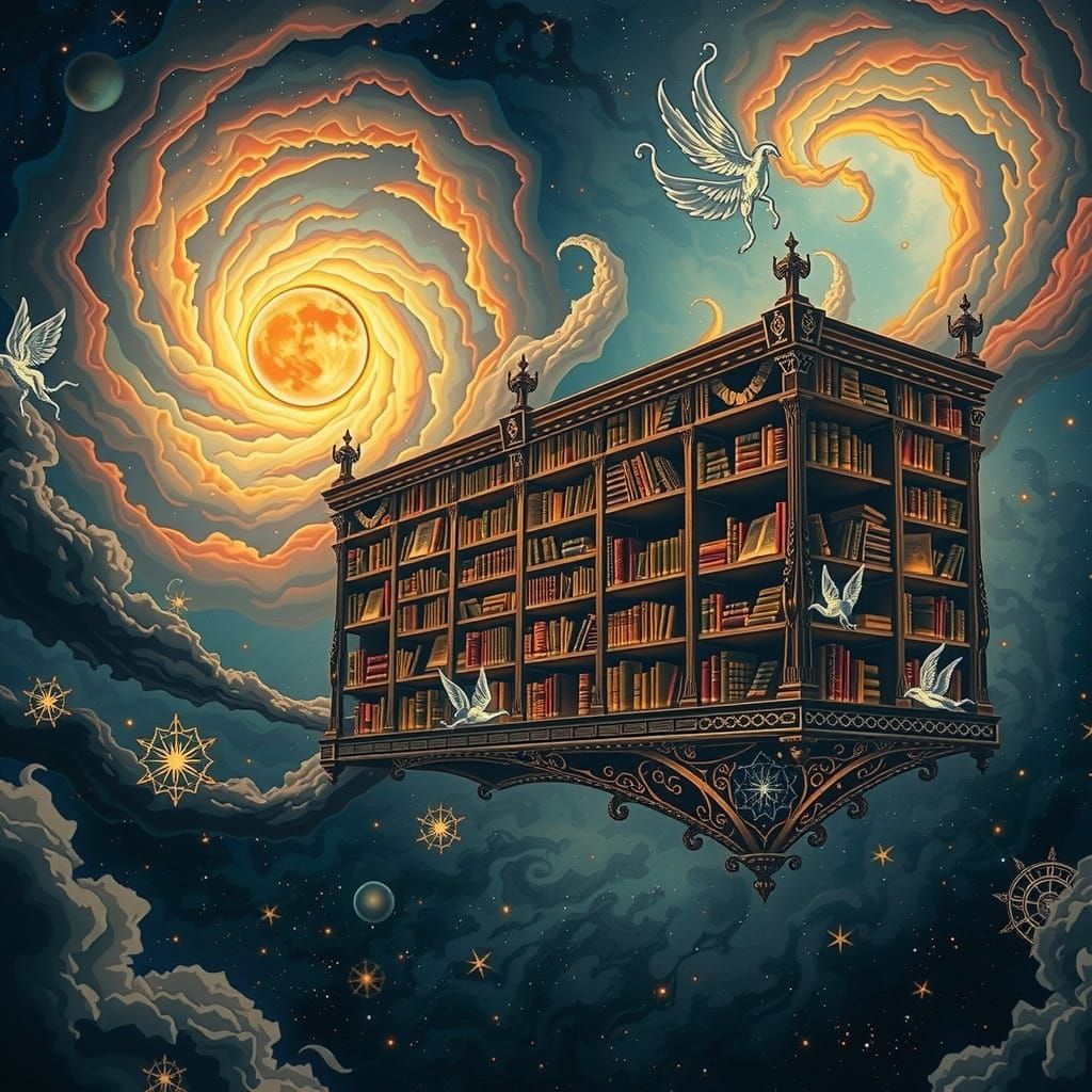 Celestial Library in Swirling Nebula, Surreal Art