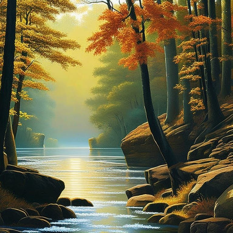 Autumn Forest River in Matte Oil Painting