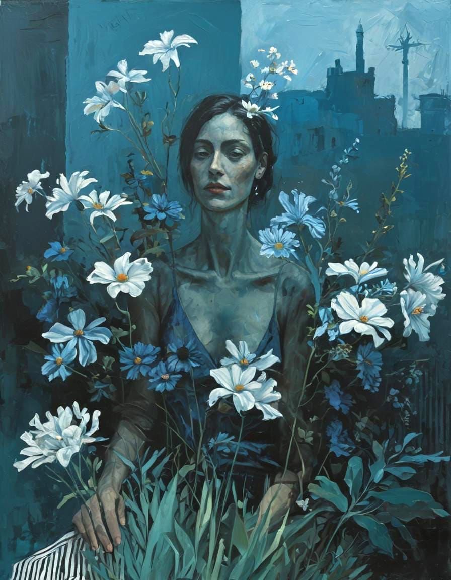 Woman with Flowers in Picasso's Blue Period Style