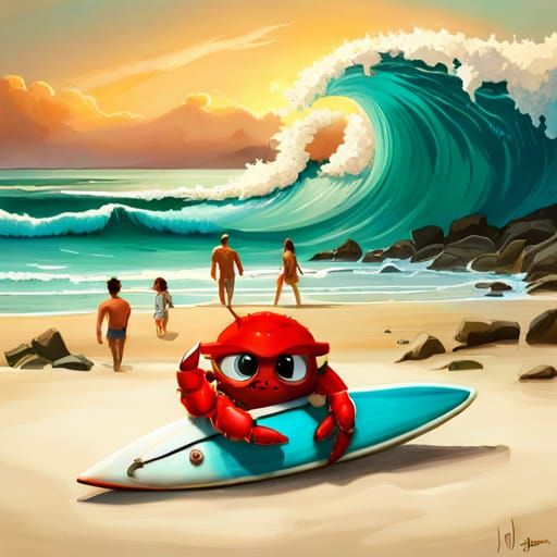 Chibi Red Crab Surfing with Family