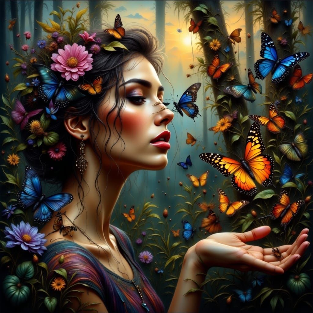 Woman in Forest with Butterflies as Splash Art