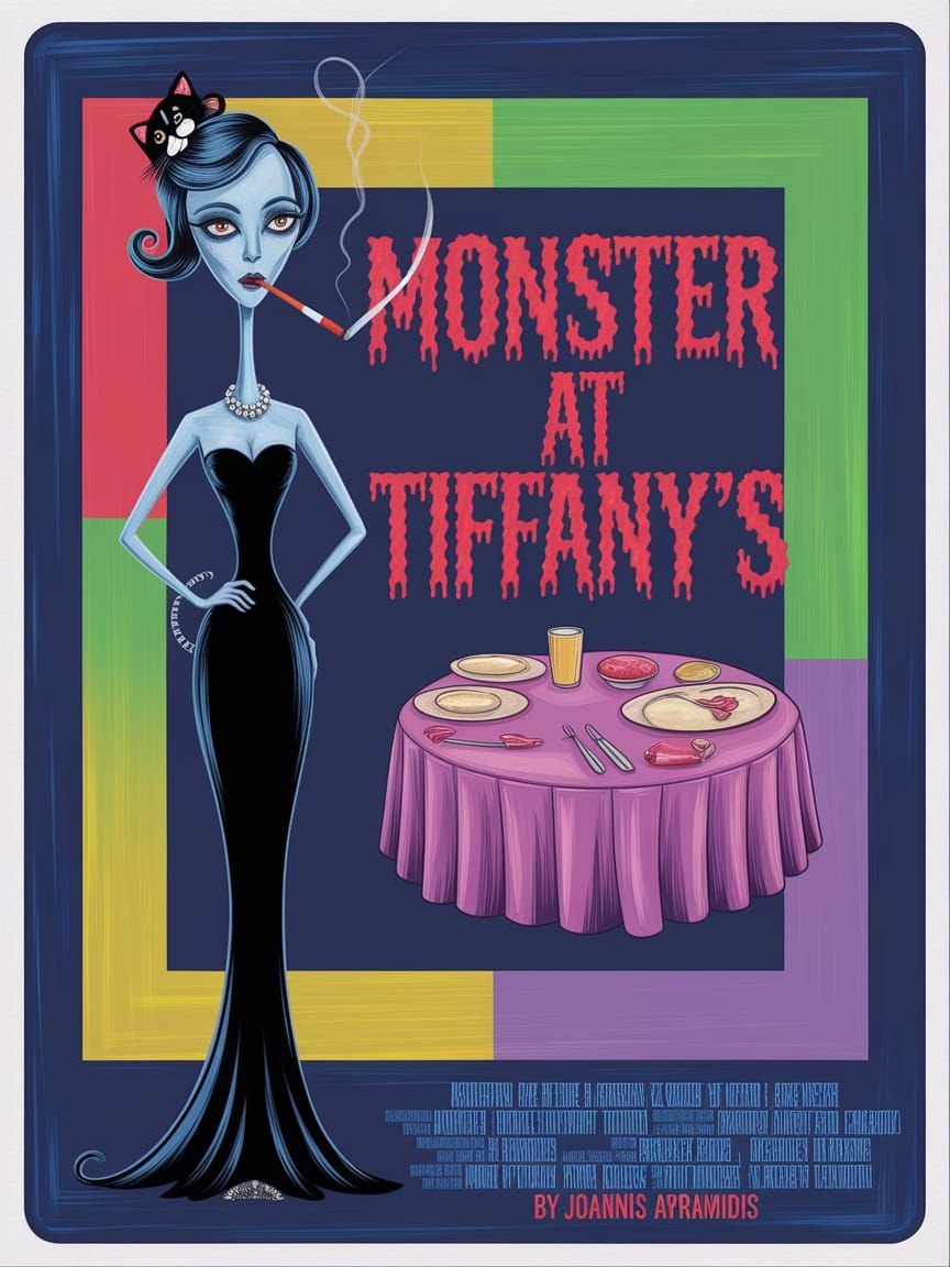 Monster At Tiffany's Horror Movie Poster in Gouache Style
