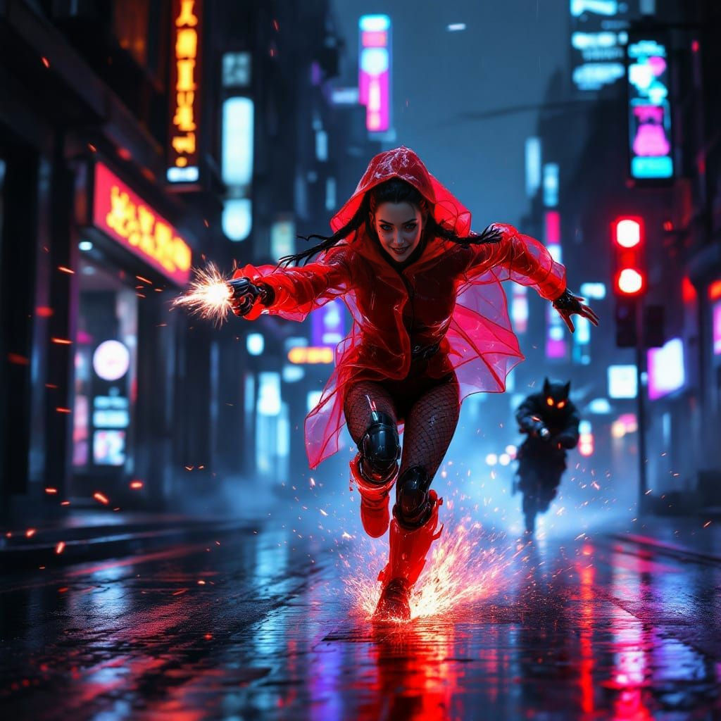 Cyberpunk Little Red Riding Hood's Daring Escape