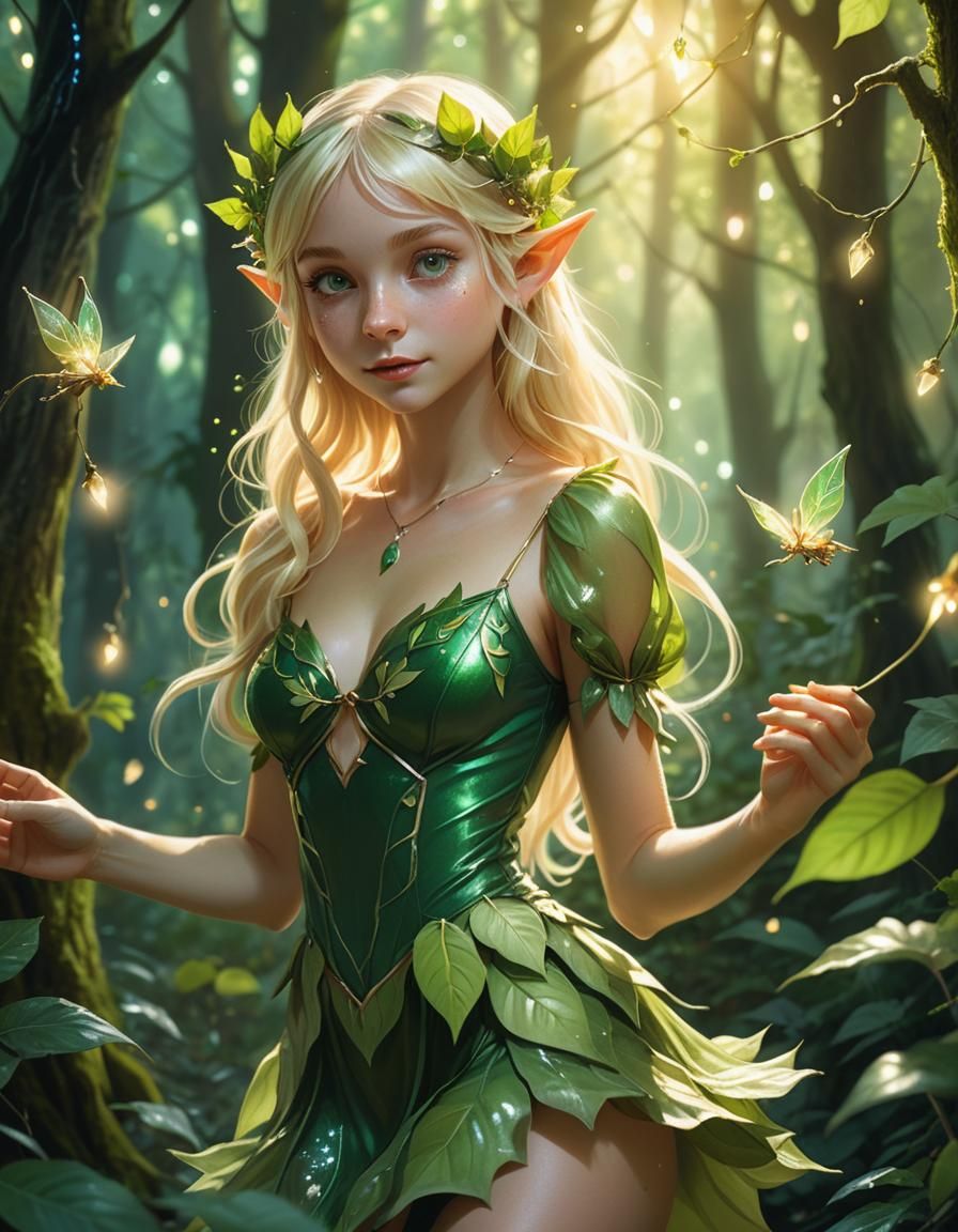 Deedlit and Fairies in Lush Forest, Anime Style
