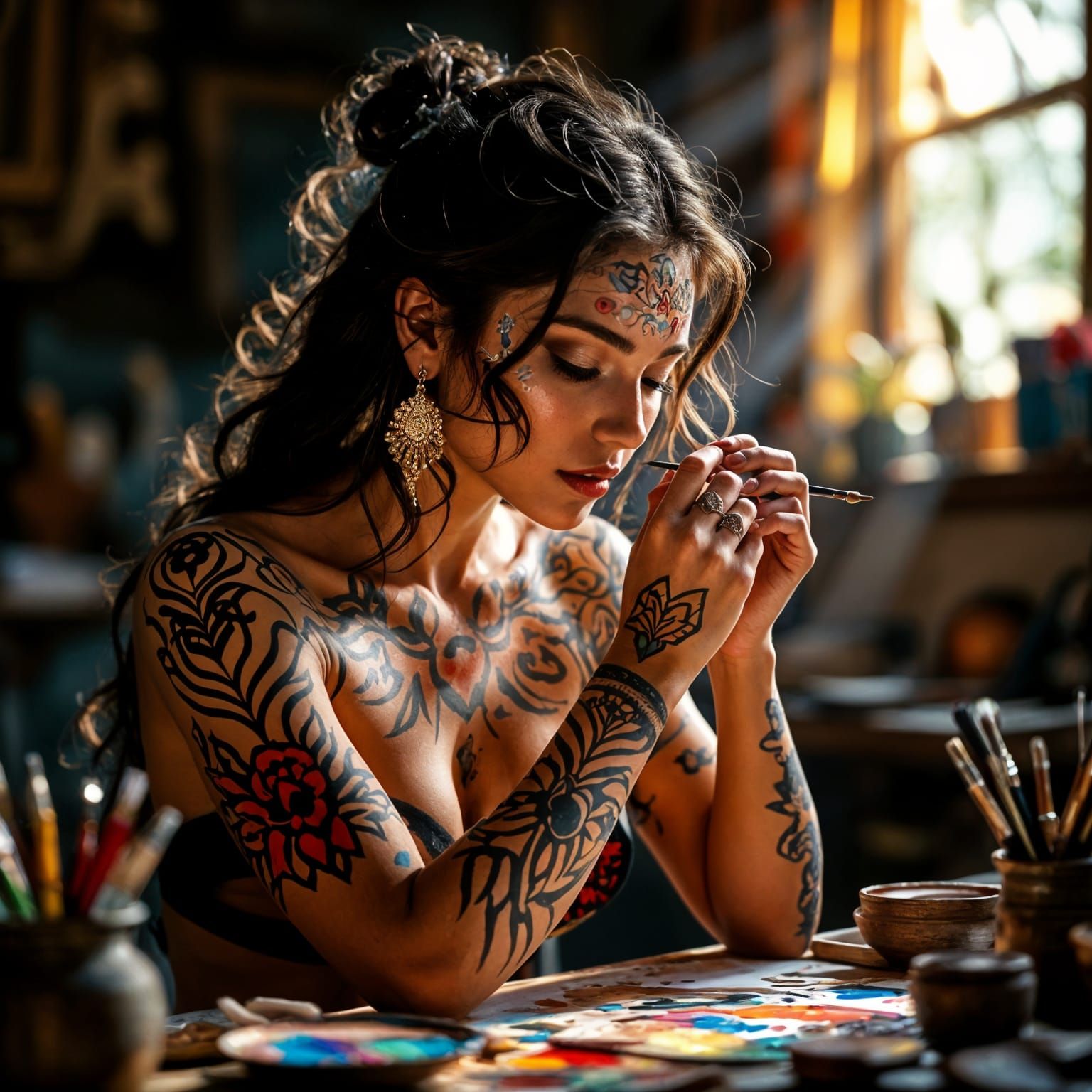 Woman Painting Her Skin in Vibrant Colors