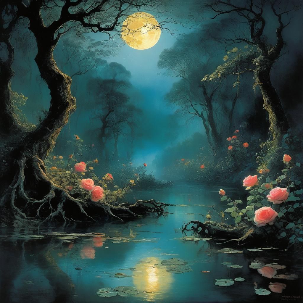 Glowing Roses Flowing Down Misty Moonlit River