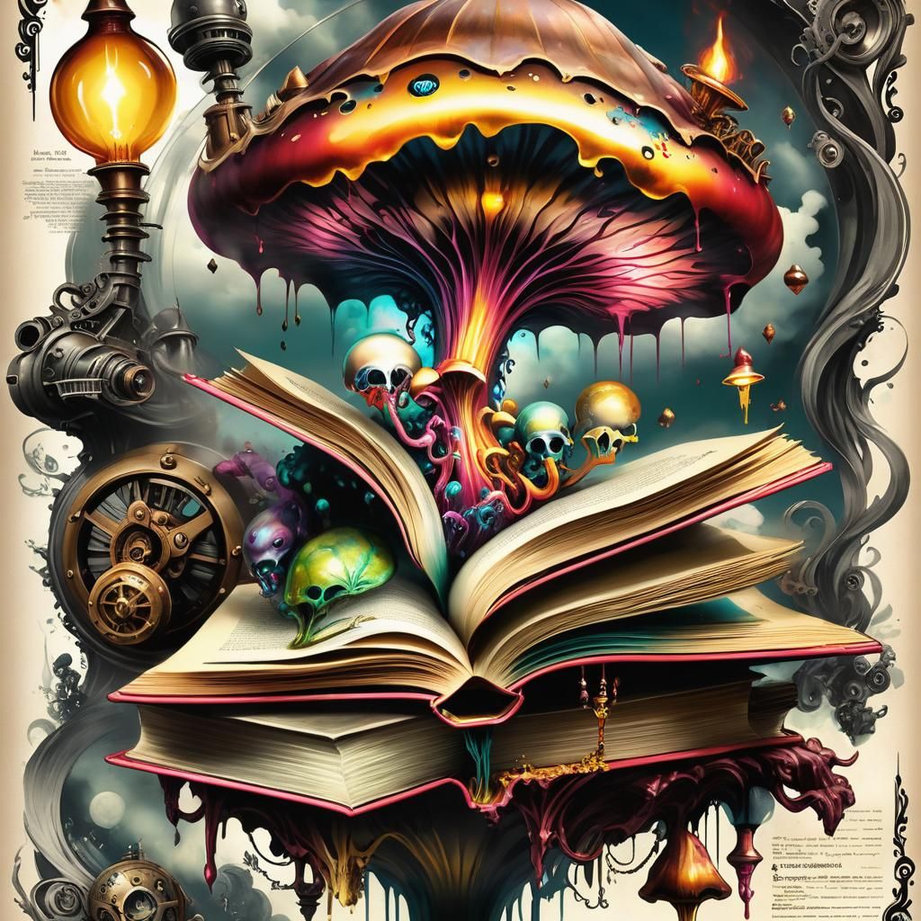 Fungi Book Poster in Baroque Dieselpunk Style