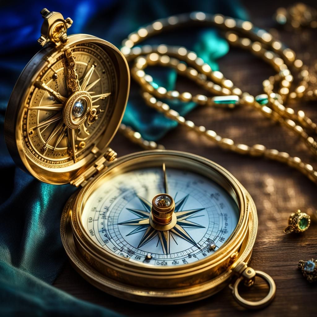 Golden Compass and Astrolabe in Aurora Borealis