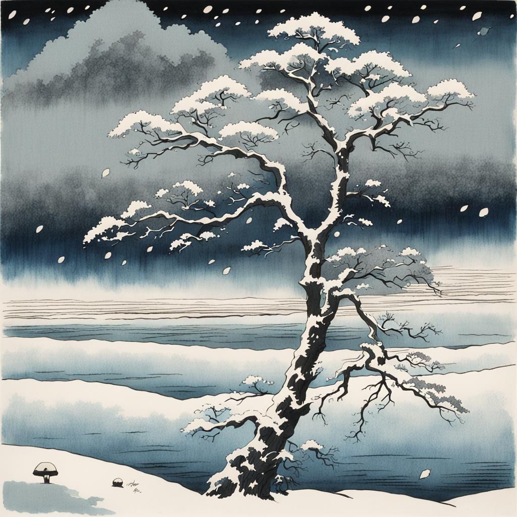 Japanese Woodblock Print of Winter Tree