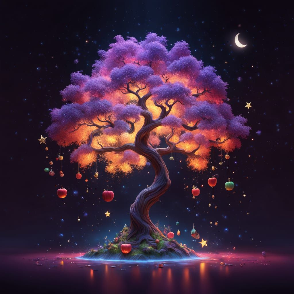 Magical Apple Tree with Glowing Glass Fruit Under Starry Sky