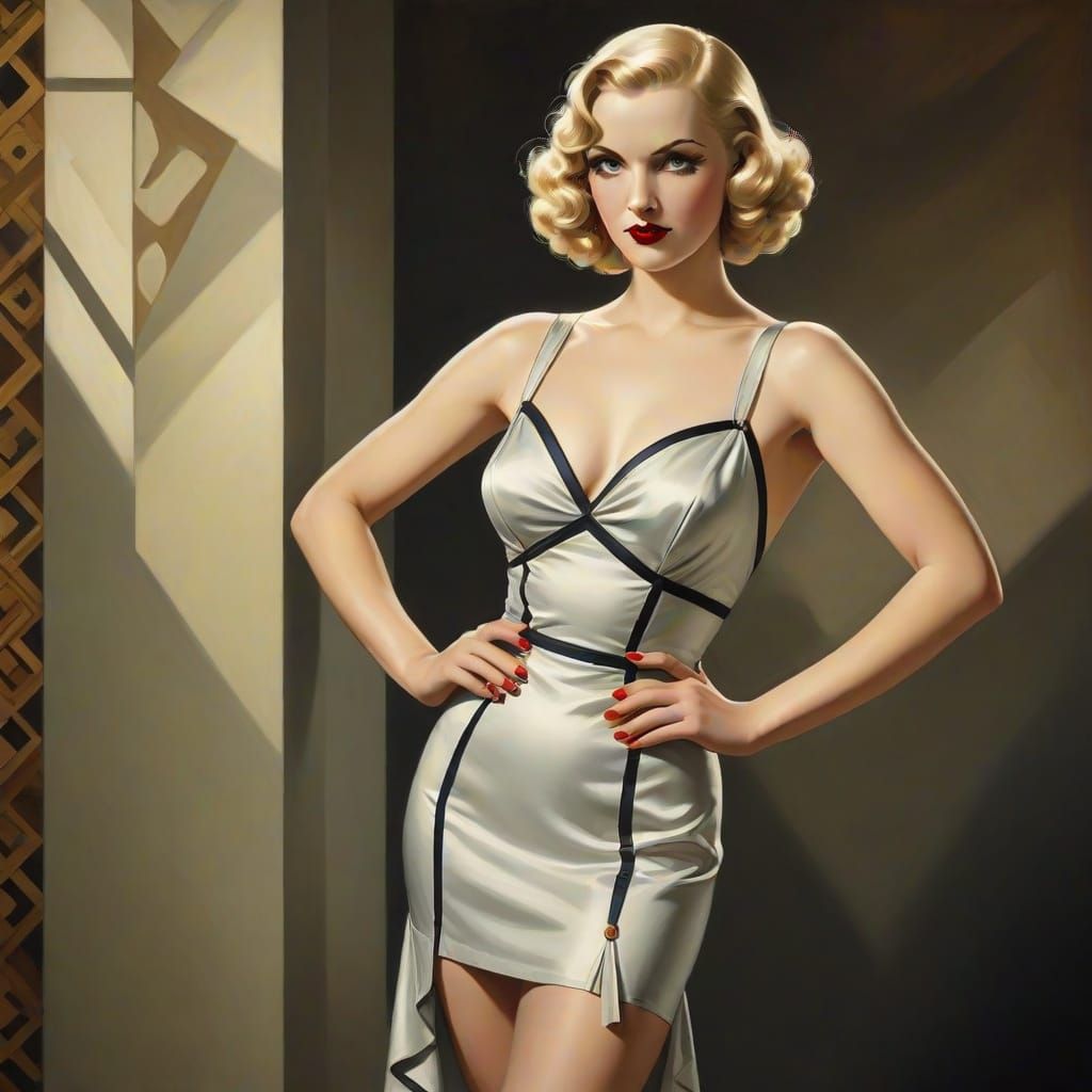 Art Deco Pin-Up Woman in the Style of Bolles and Lempicka