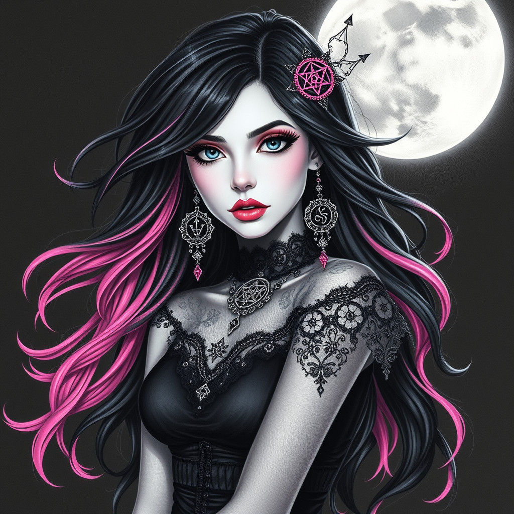 Gothic Woman with Pink Hair in Charcoal Style