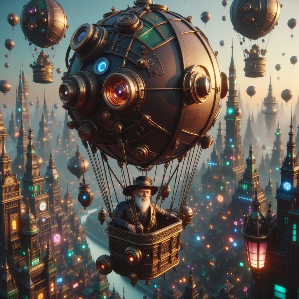 Steampunk Pilot Soaring Over Neon Cityscape