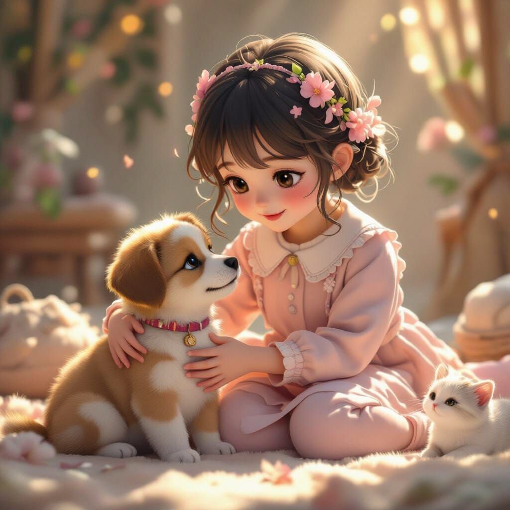 Adorable Girl with Puppy and Kitten in 3D Anime Style