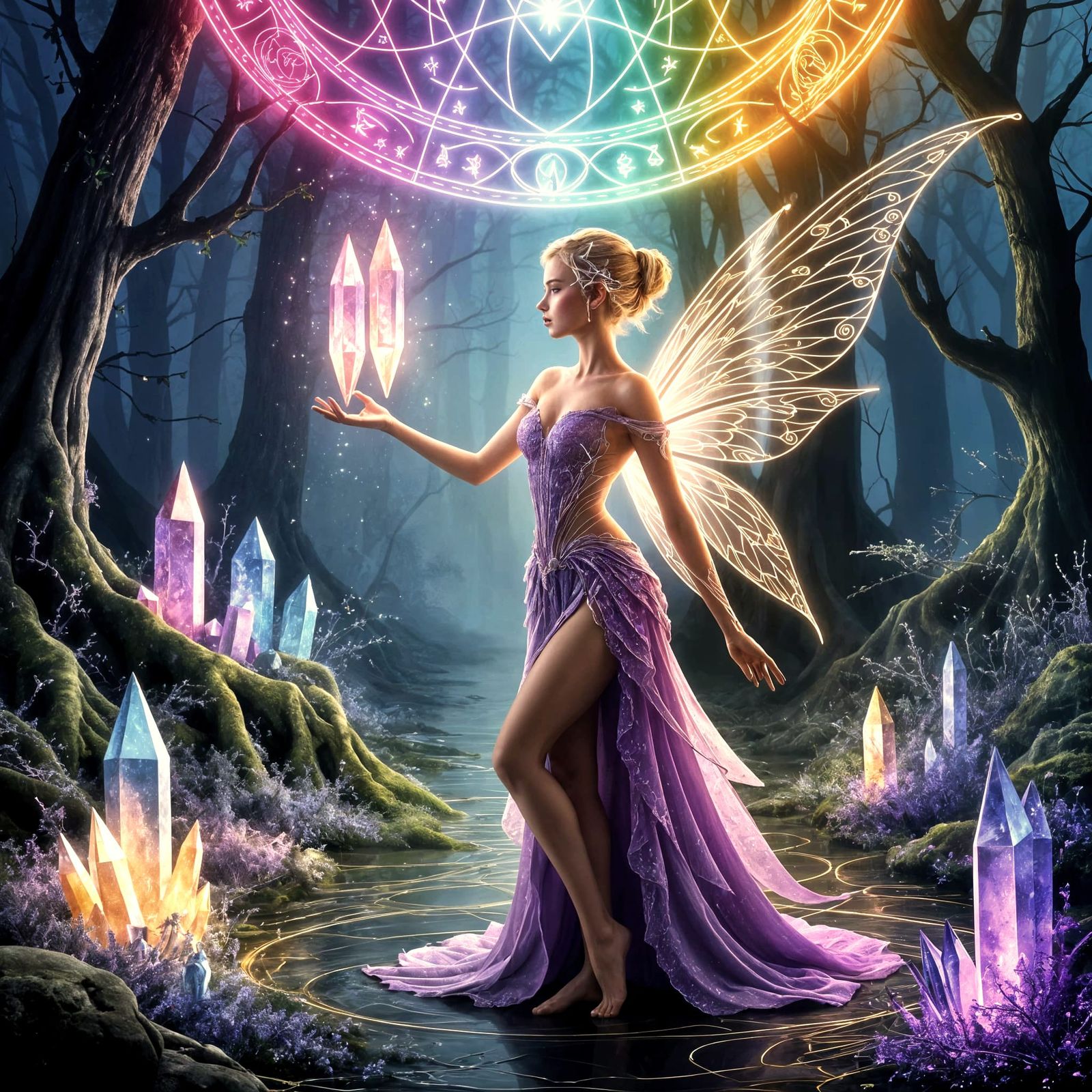 Fairy Amidst Radiant Magical Energy in Enchanted Forest