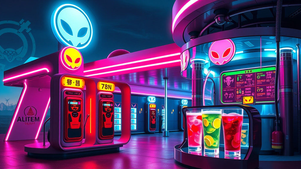 Retro-Futuristic Gas Station with Alien Neon Lights