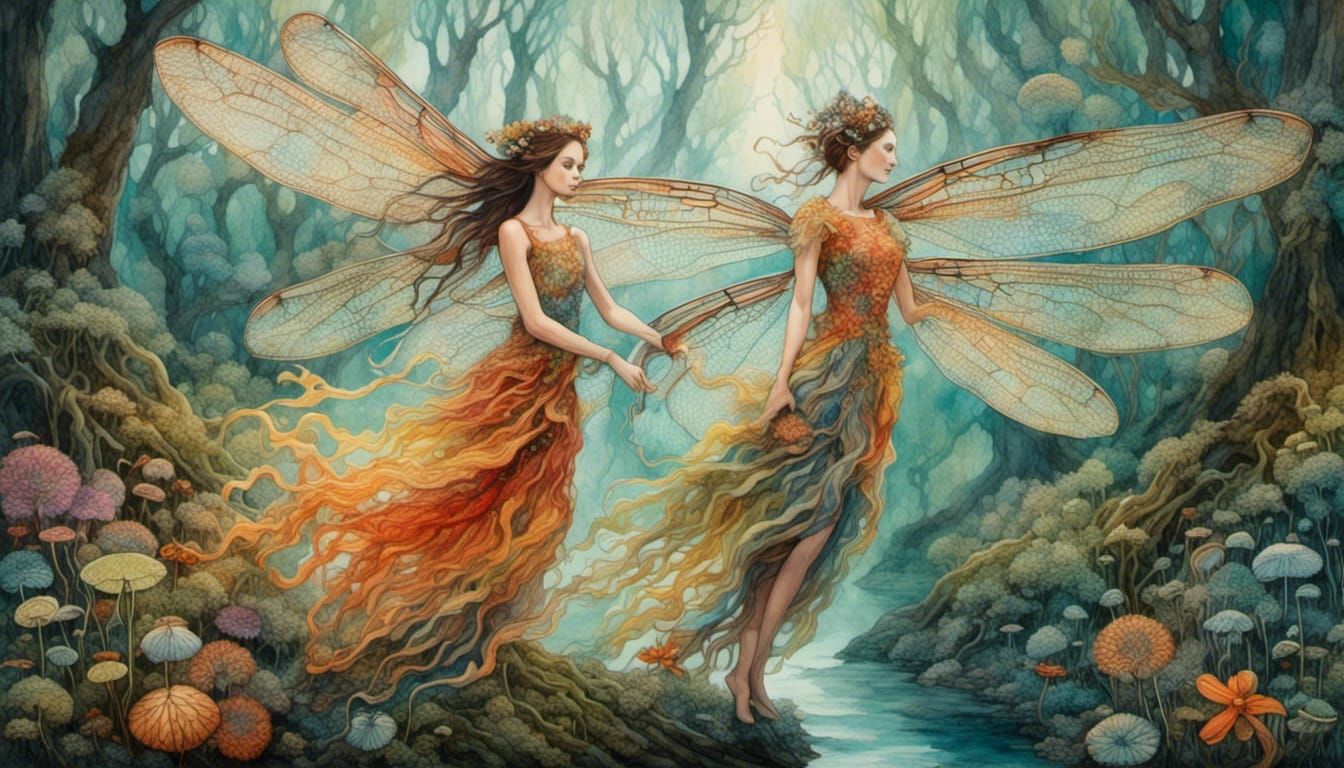 Dragonfly Woman Dancing in Forest Watercolor