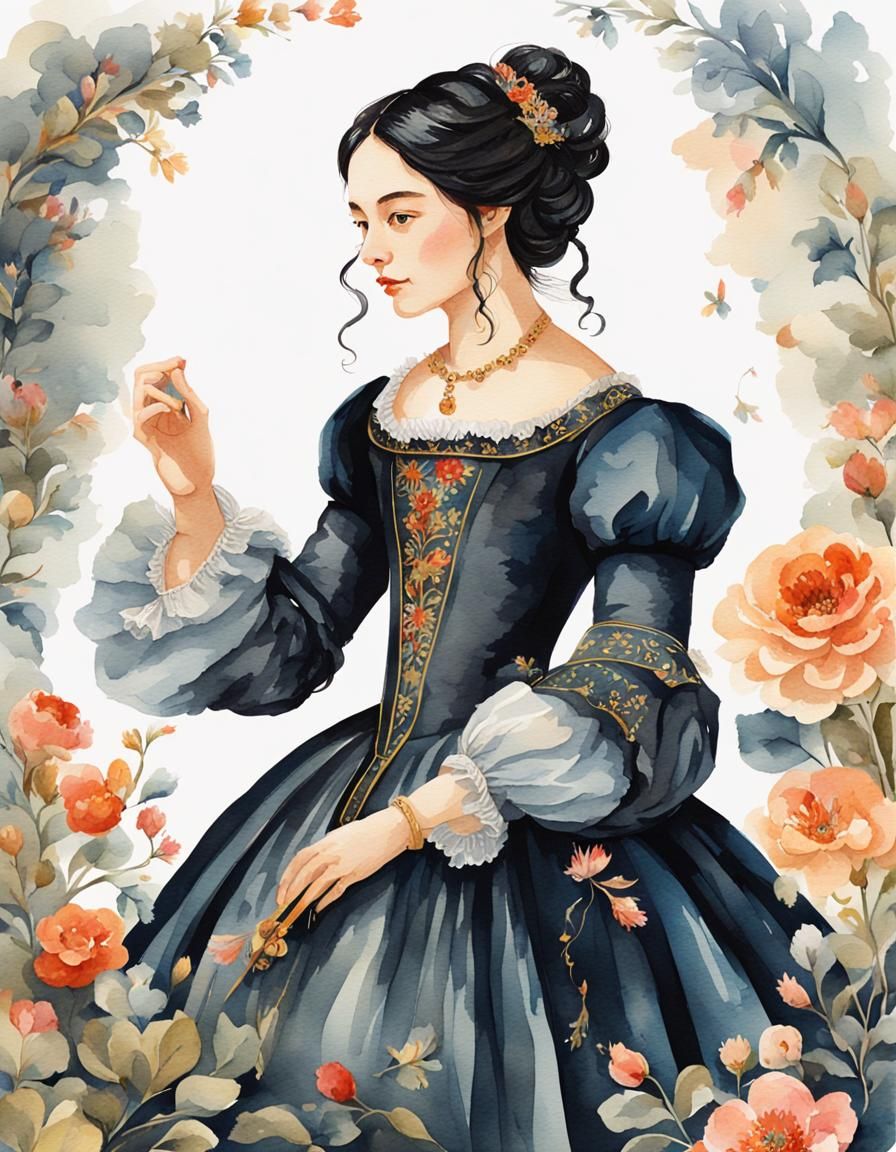 Watercolor Portrait of a 17th Century Woman