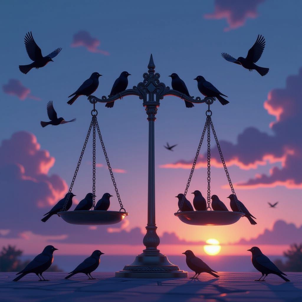 Libra Scales Balanced by Birds in Twilight Sky