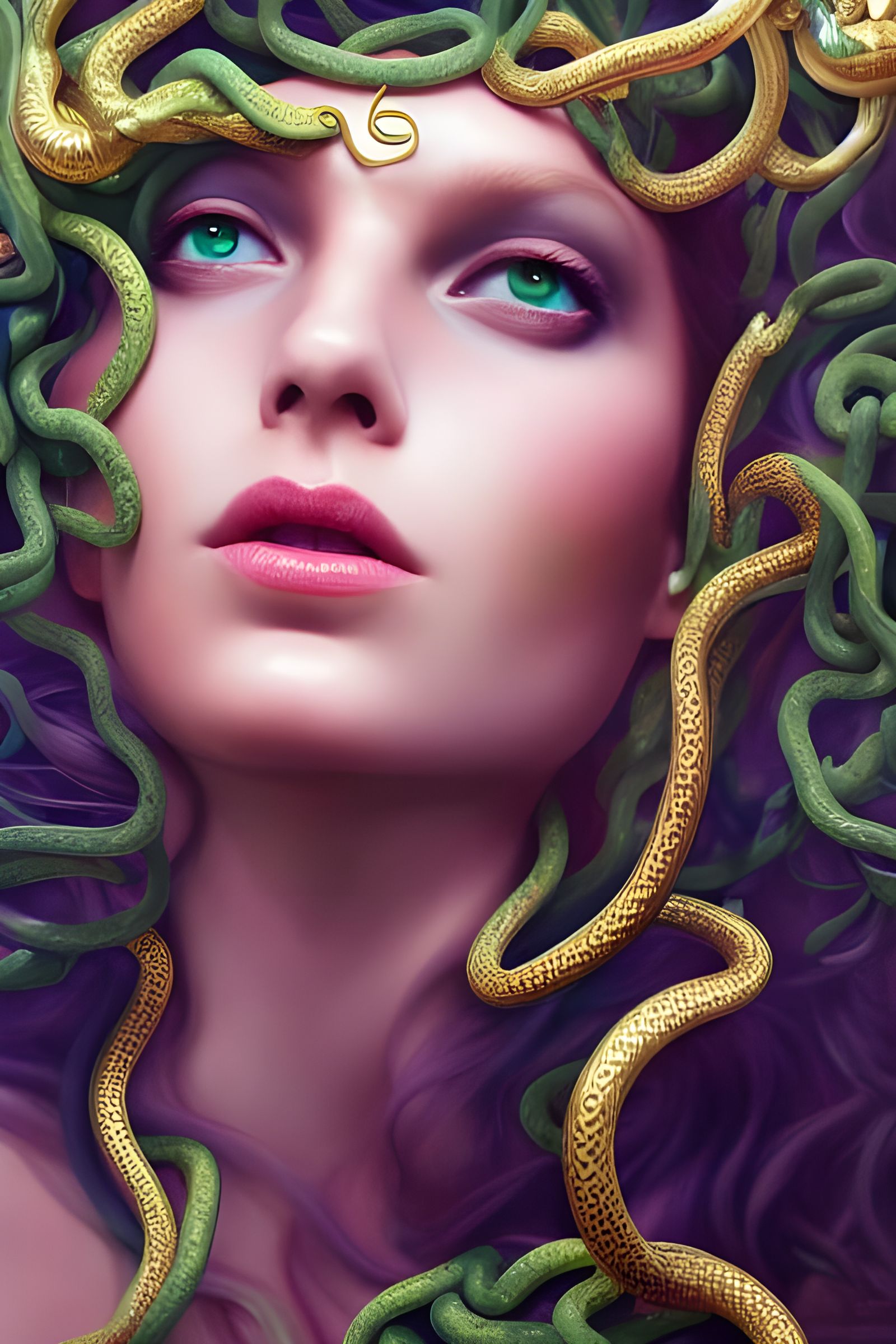 Detailed Medusa Portrait in Green, White, and Gold