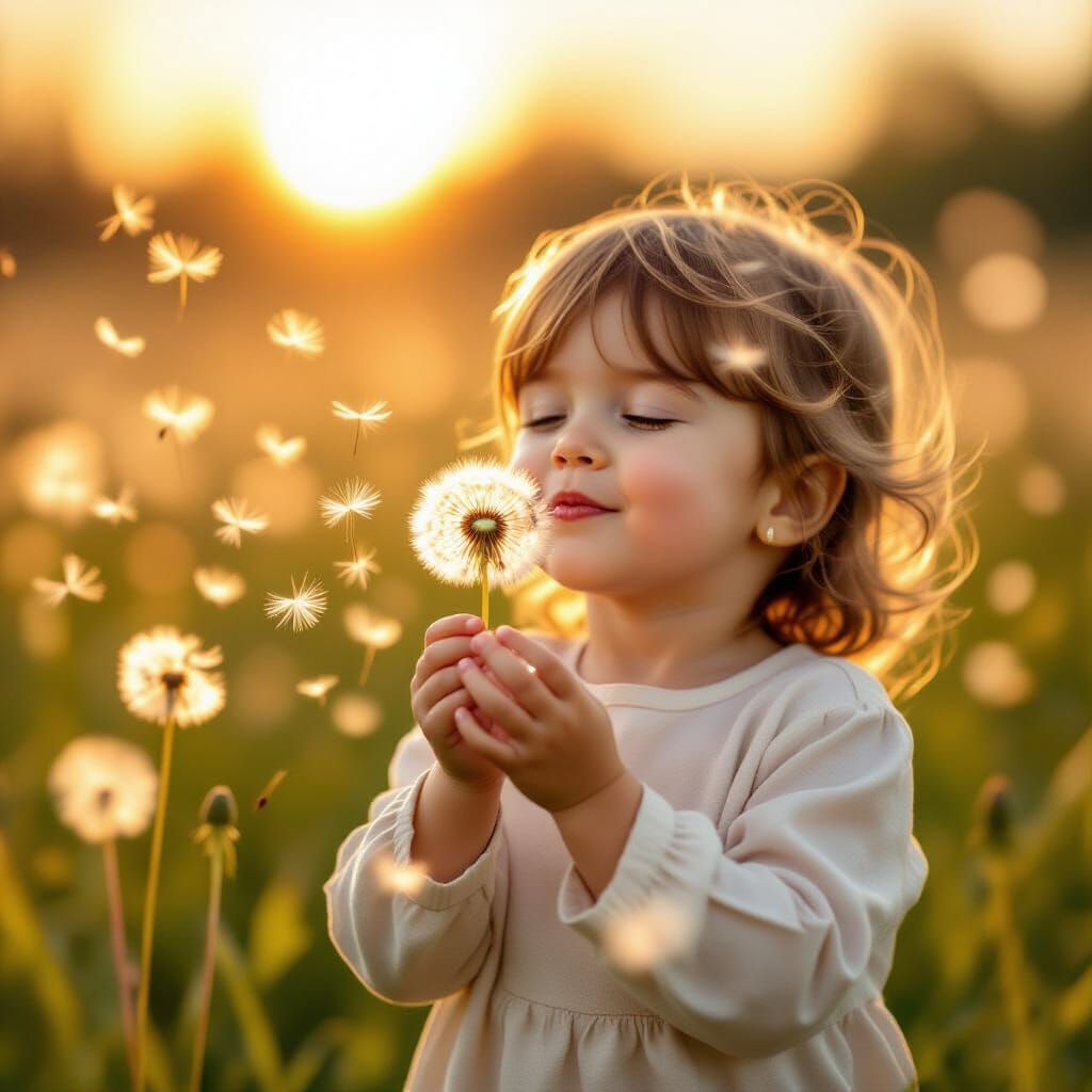 Child Blowing Dandelions in Sunlit Meadow