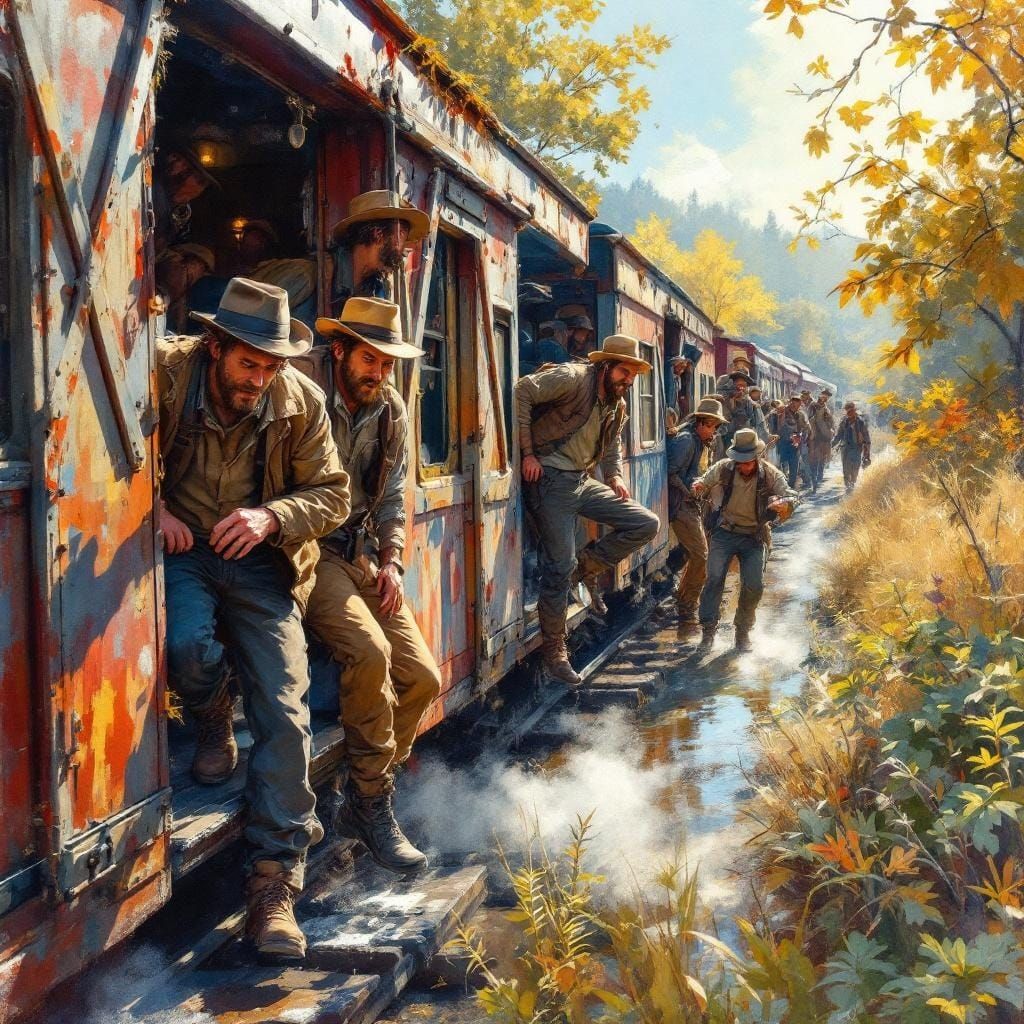 Hobos Riding Trains in Impressionist Gouache Watercolor Styl...