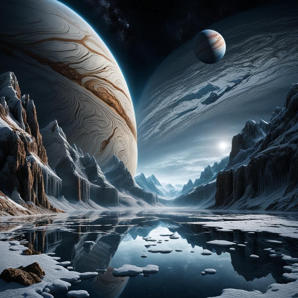 Icy Europa Surface with Water Plume and Jupiter